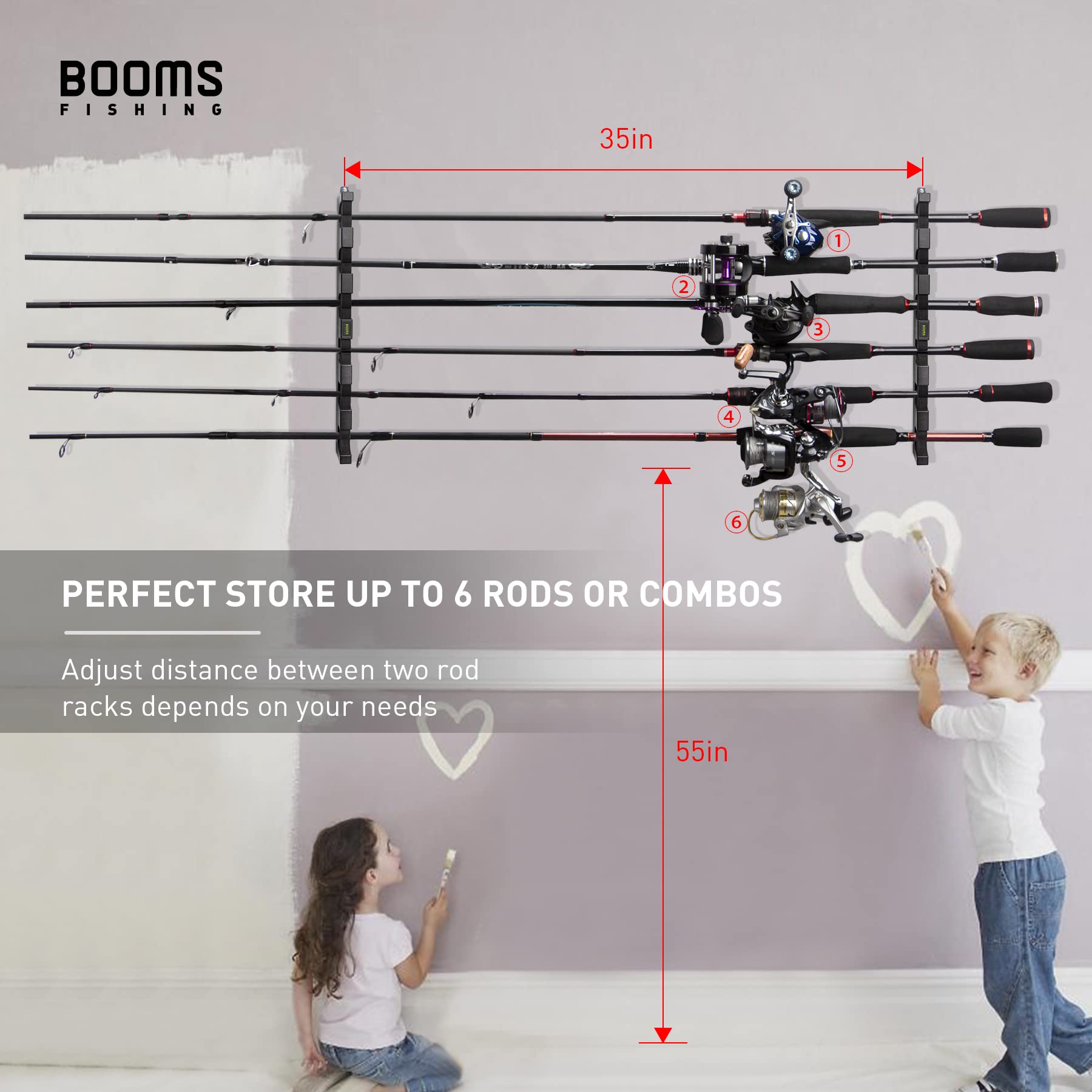 Booms Fishing WV5 Horizontal Fishing Rod Holders for Garage, Wall Mounted Fishing Rod Rack, Kayak Fishing Pole Holder and Rack, Store Up to 6 Rod and Reel Combo in 14.6"