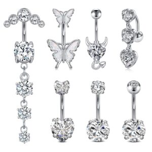 anicina belly button ring 14g clear diamond cz belly rings surgical stainless steel navel rings butterfly heart devil belly button piercing jewelry for women silver