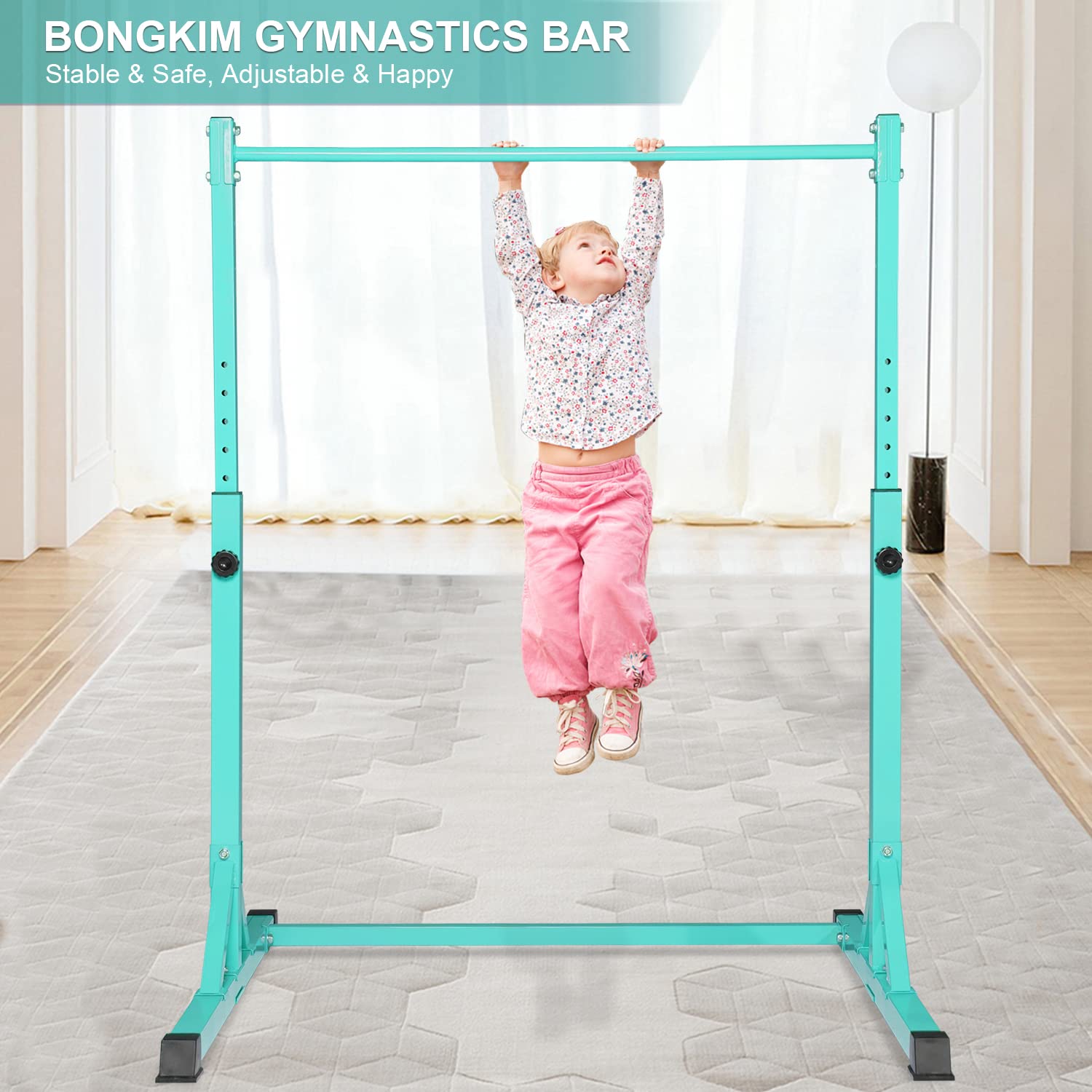 Bongkim Gymnastics Bar for Kids,Adjustable Height Gymnastic Horizontal Bars,Folding Gymnastics Equipment Junior Training Bar for Home Using,Stable Kids Training bar for Children (Teal)