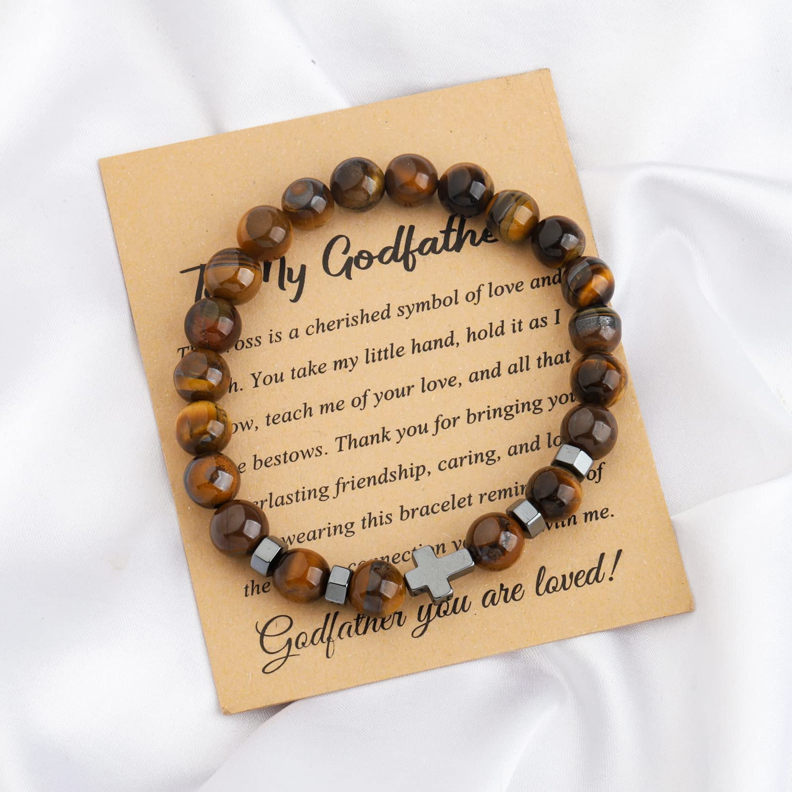 BNQL Godfather Gift Bracelet Godfather Cross Charm Natural Stone Bracelet Godfather Thank You Gift from Godchild Godfather Jewelry (godfather bracelet)