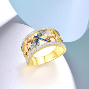 Santuzza 925 Sterling Silver Dragonfly Openwork Ring Cubic Zirconia Enamel Flower Ring 14K Gold Plated Vintage Jewelry (10)