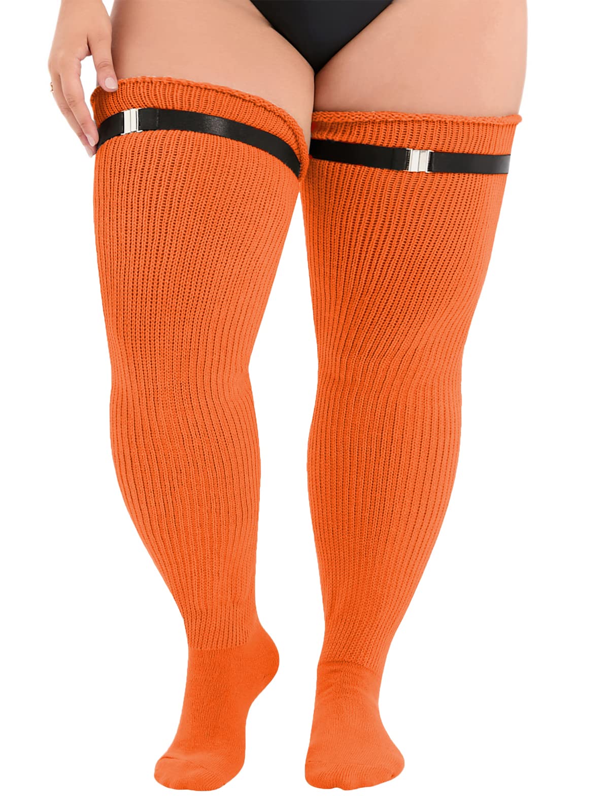 Century Star Plus Size Thigh High Socks for Thick Thighs Extra Long Striped Thick Over Knee Stockings Leg Warmers Tube Socks Orange One Size