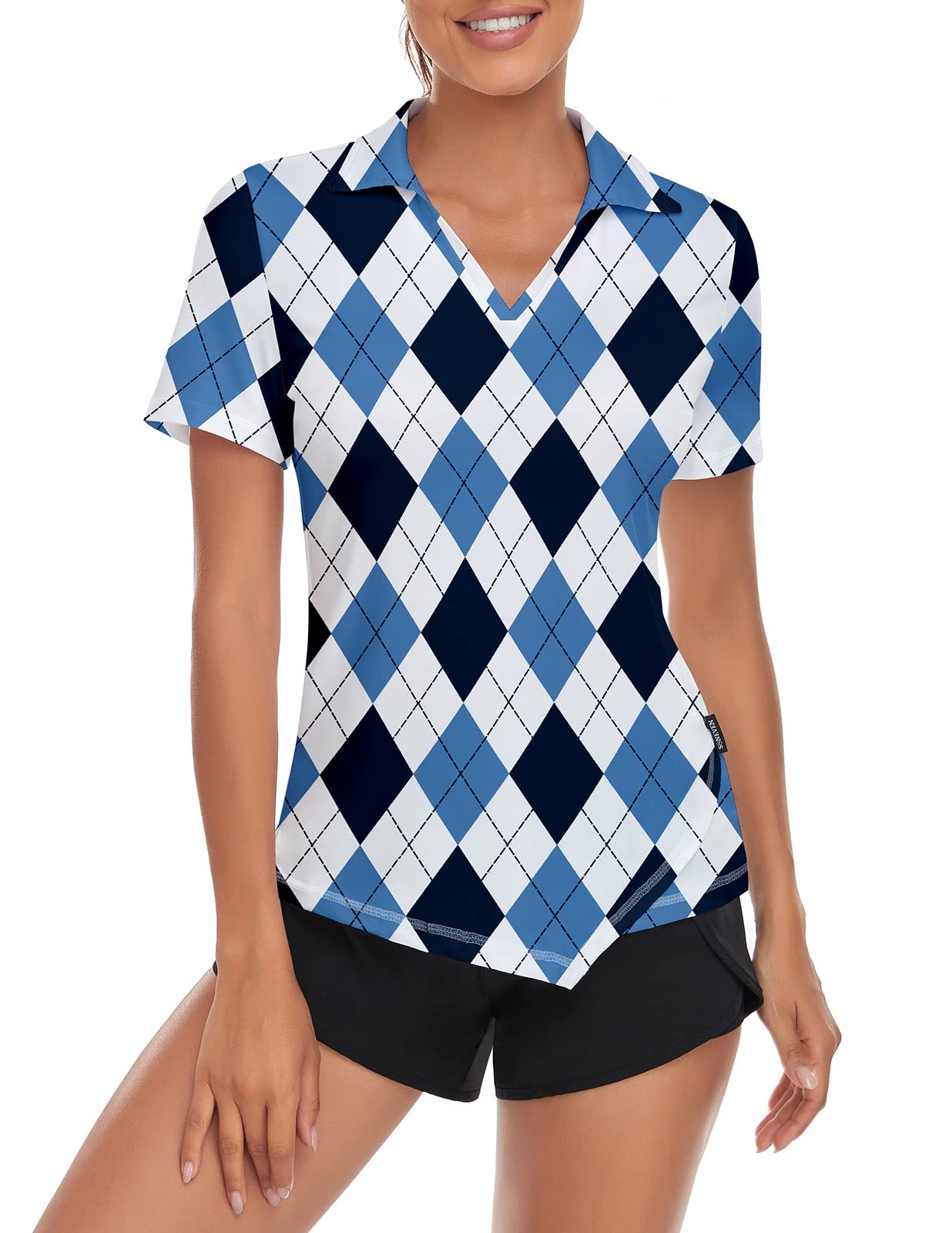 Women Argyle V-Neck Golf Polo Shirt Quick Dry Lightweight Short Sleeve T-Shirts, Medium