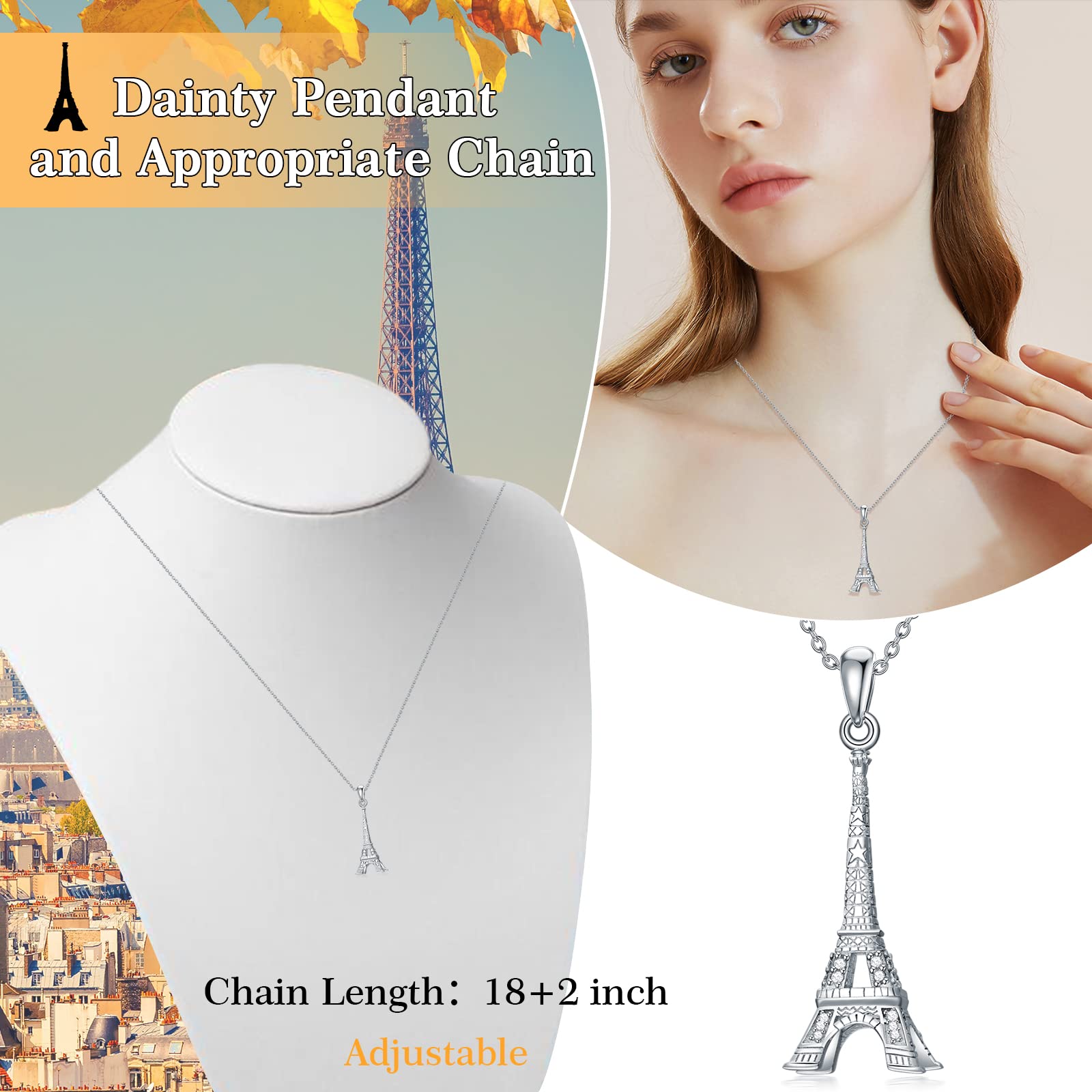 Dorunmo Paris Necklace 925 Sterling Silver Eiffel Tower Necklace Dainty Paris White Plated Pendant Memorial France Paris Charm Jewelry Christmas 3D Eiffel Tower Gifts for Women Sport Lover