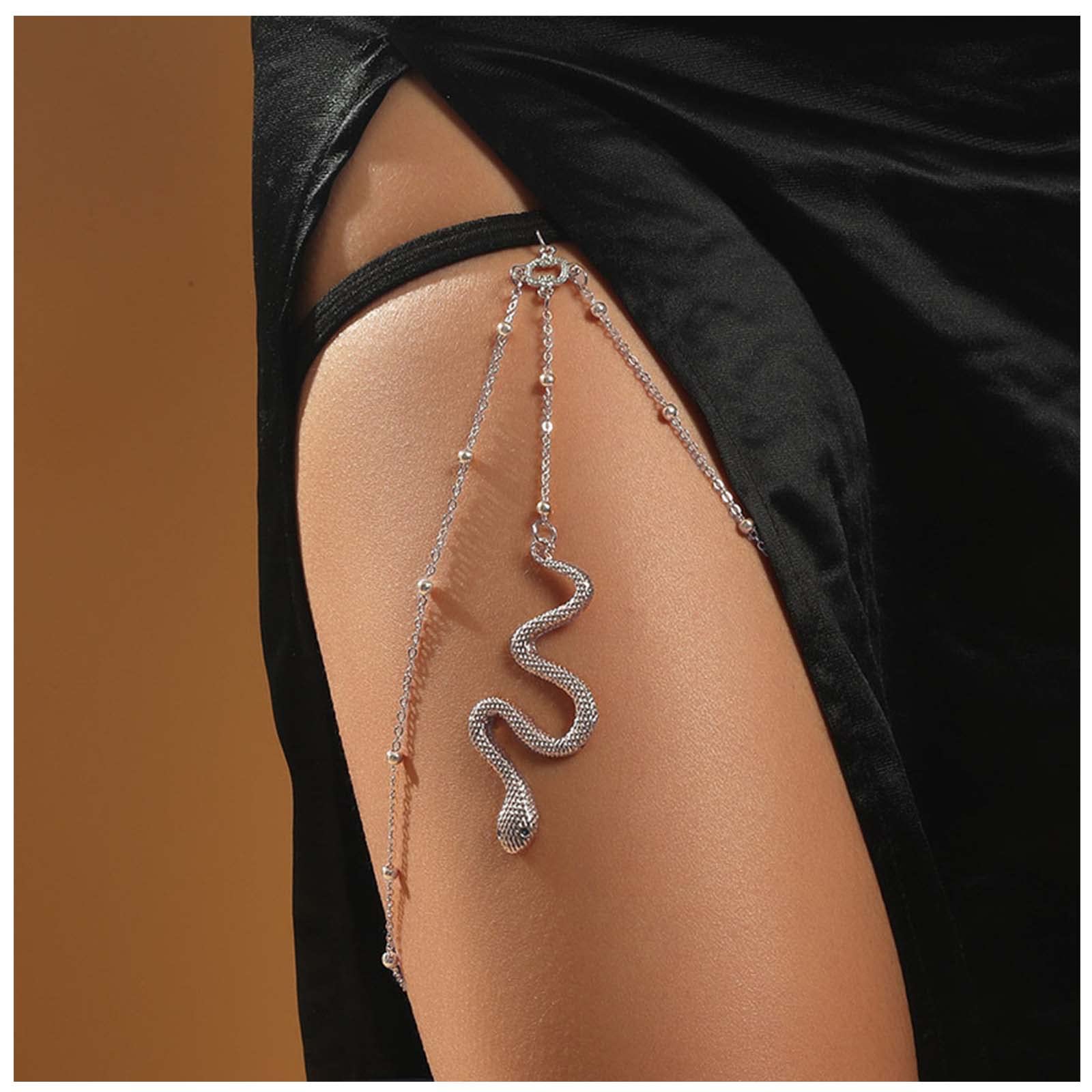 Yheakne Bohemia Layered Snake Leg Chain Silver Snake Thigh Chain Vintage Thigh Leg Chain Rave Bikini Thigh Body Chain Jewelry for Women and Girls (Silver)