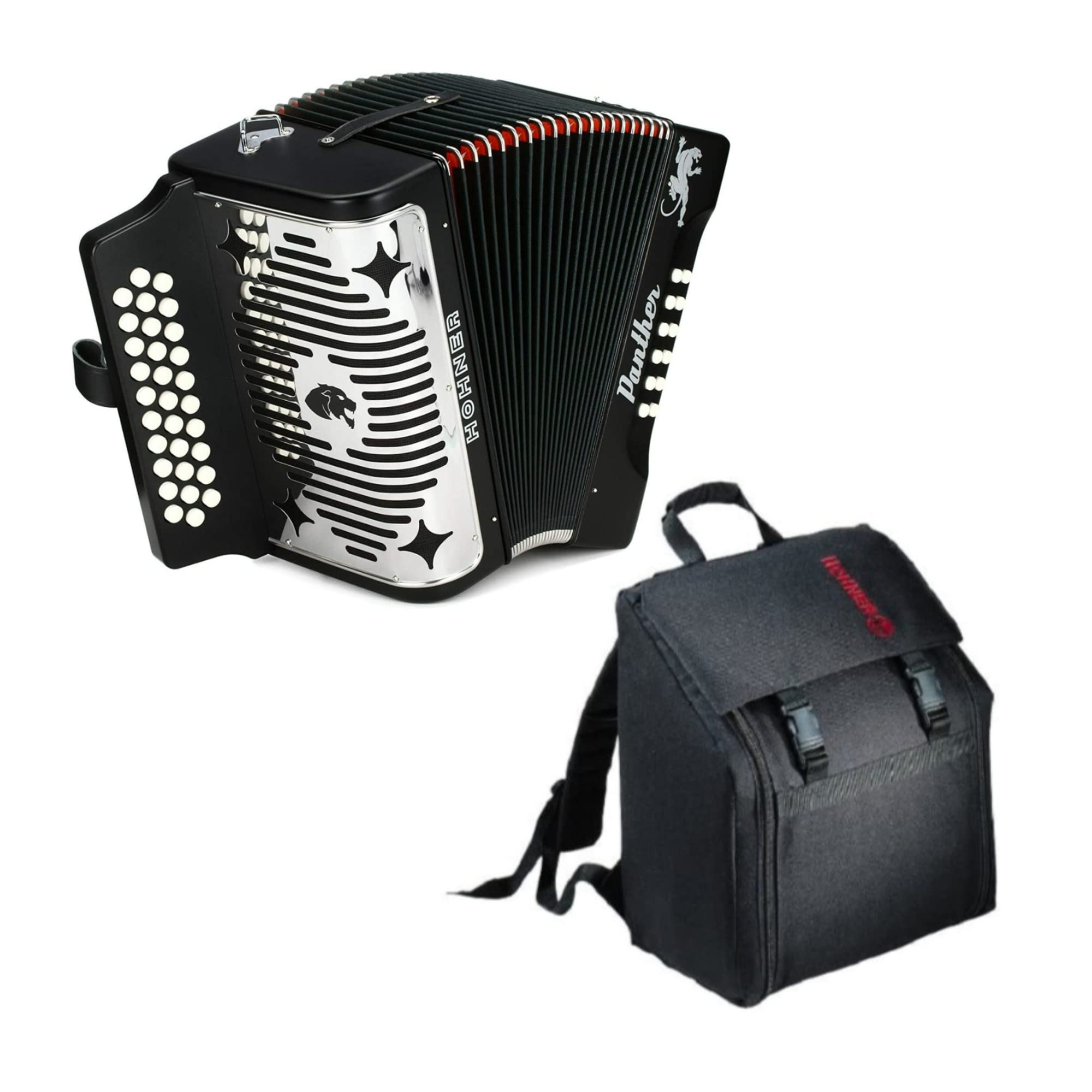 Hohner Accordions 3100FB Panther 3-Row Diatonic Accordion - Keys of F/Bb/Eb - Black Bundle with Hohner AGB Gig Bag (2 Items)