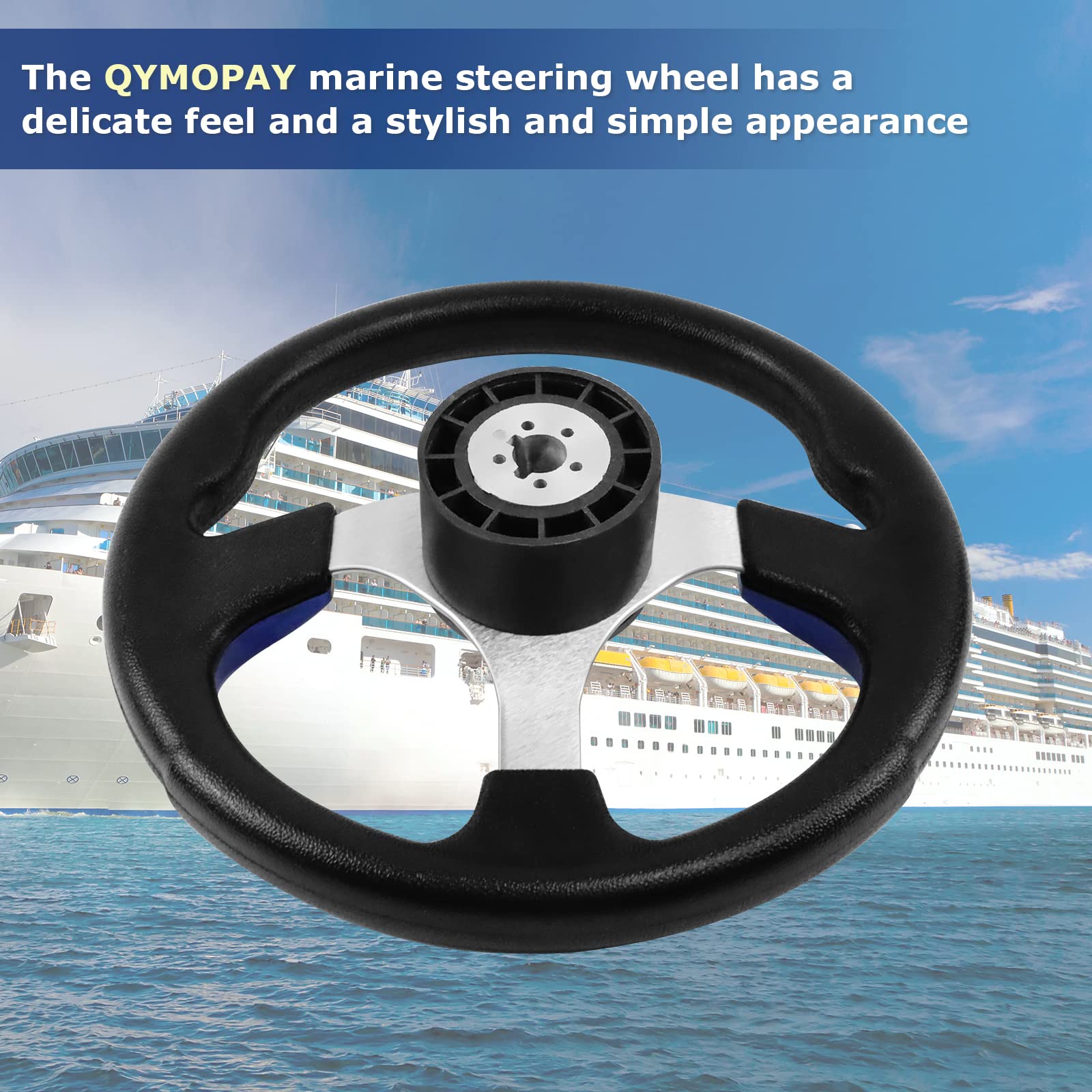 QYMOPAY 12.5inch Boat Steering Wheel, 3/4 Inch Axle Marine Steering Wheel Adapter, Anti-Slip Steering Wheel for Boats, Yachts, Pontoon Boats (Blue)