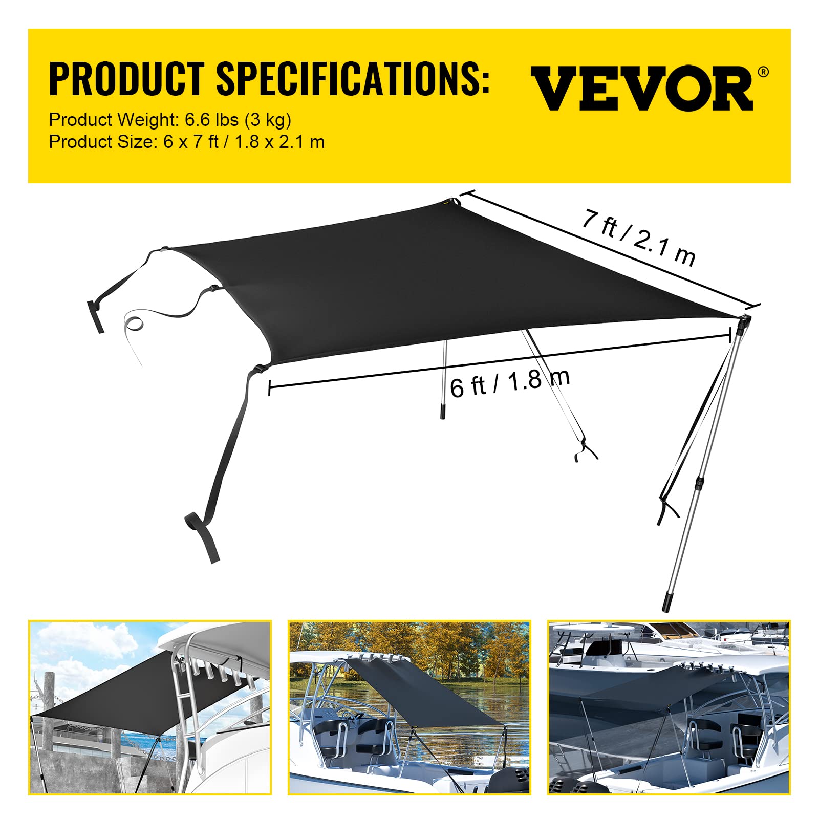 VEVOR T-Top Sun Shade Kit 6' x 7', UV-Proof 600D Polyester T-top Extension Kit with Rustproof Steel Telescopic Poles, Waterproof, Easy to Assemble for T-Tops ＆ Bimini Top