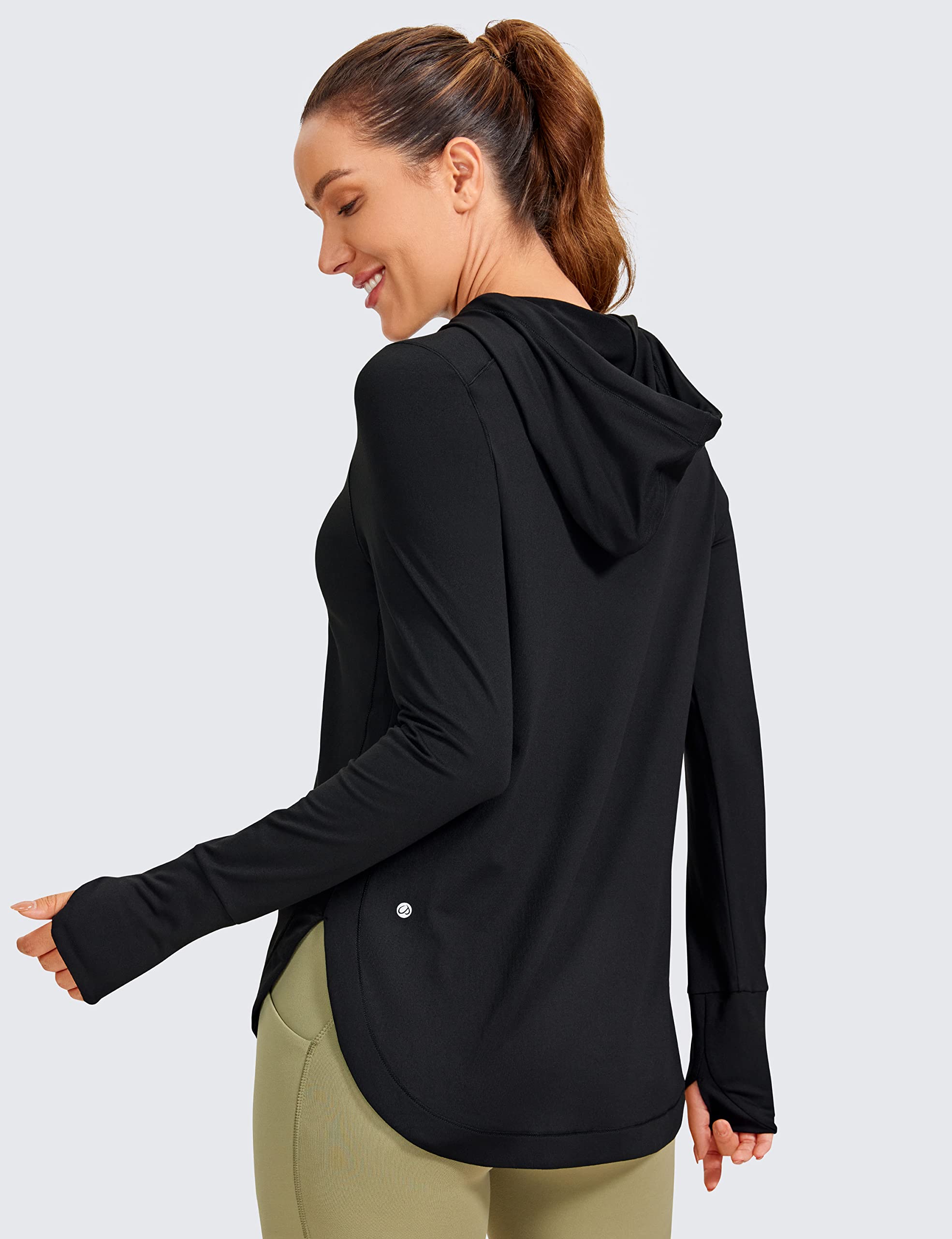 CRZ YOGA Workout Long Sleeve Shirt for Women Hoodie Pullover Athletic Hooded Long Sleeves Sports Gym Tops with Thumbhole Black Small