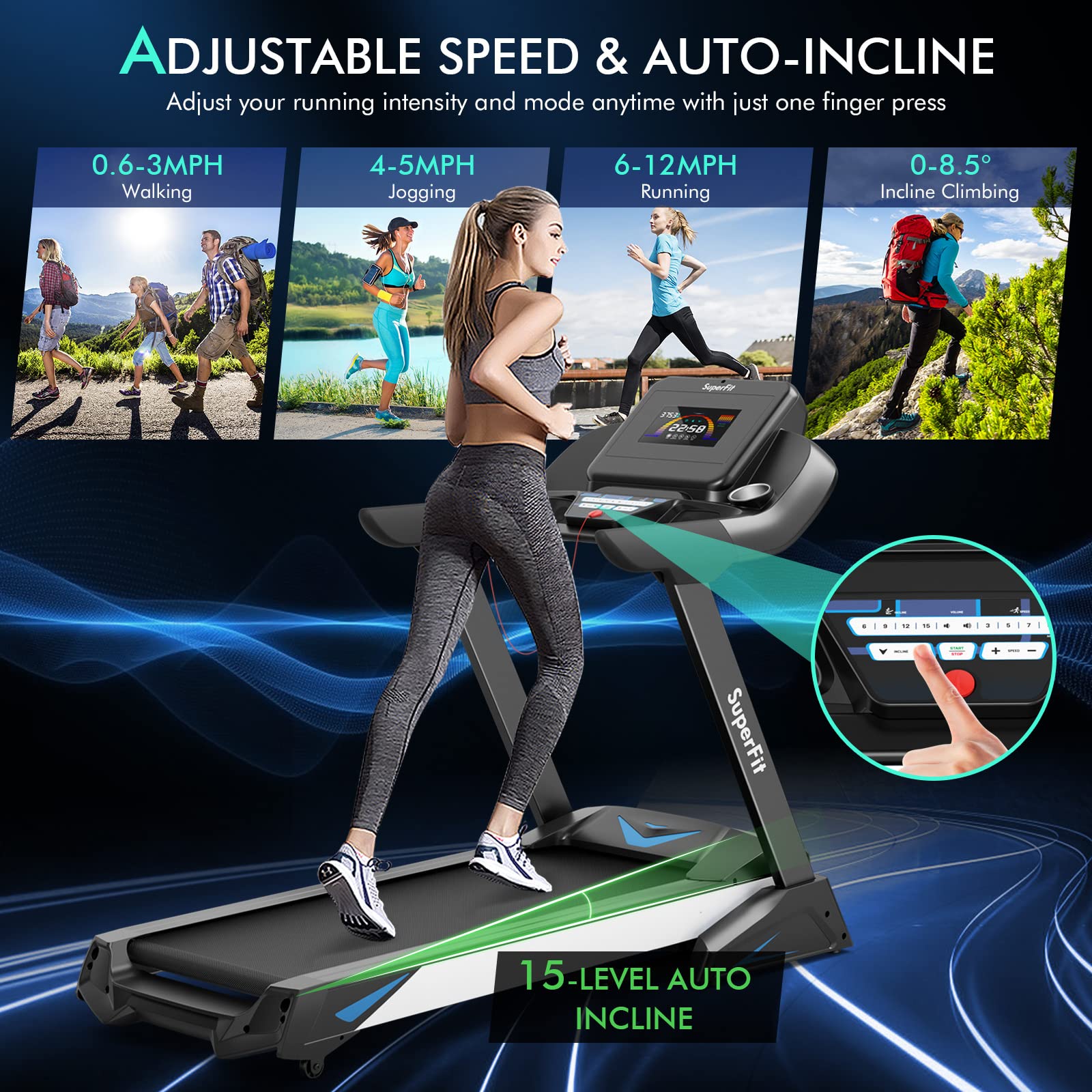 GYMAX Folding Treadmill, 4.75HP Auto Incline Treadmill with LED Monitor, Blue Tooth Speaker, App Control, 20 Preset Programs & Pulse Grip, Foldable Running Walking Jogging Machine for Home Gym