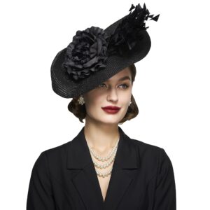 BABEYOND Tea Party Fascinator Hat for Women Kentucky Headwear Feather Derby Pillbox Wide Church Hat for Cocktail Wedding Black