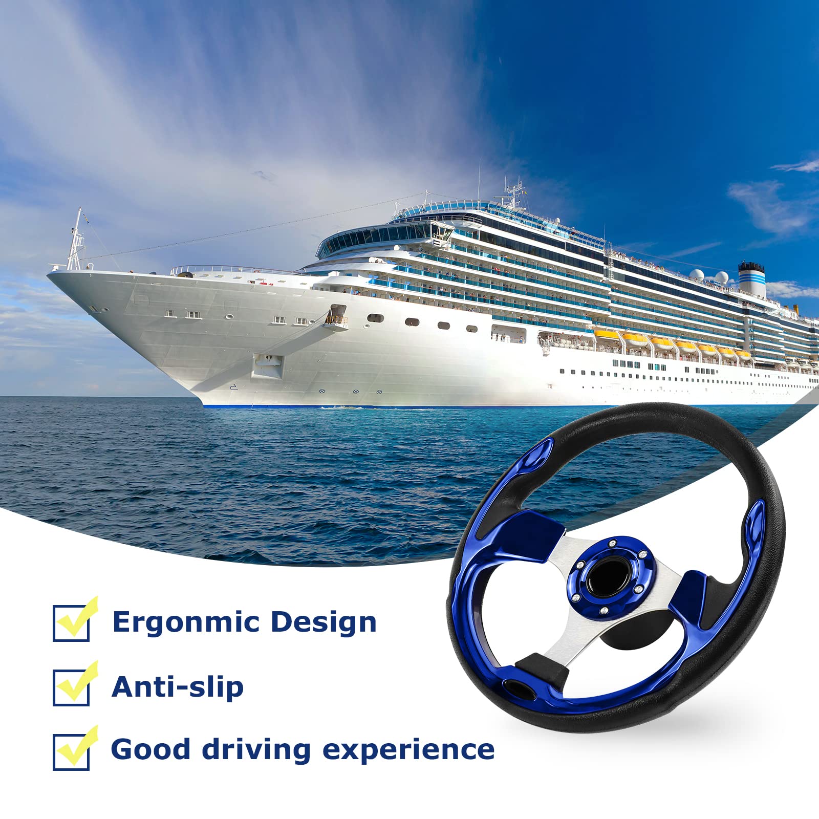 QYMOPAY 12.5inch Boat Steering Wheel, 3/4 Inch Axle Marine Steering Wheel Adapter, Anti-Slip Steering Wheel for Boats, Yachts, Pontoon Boats (Blue)