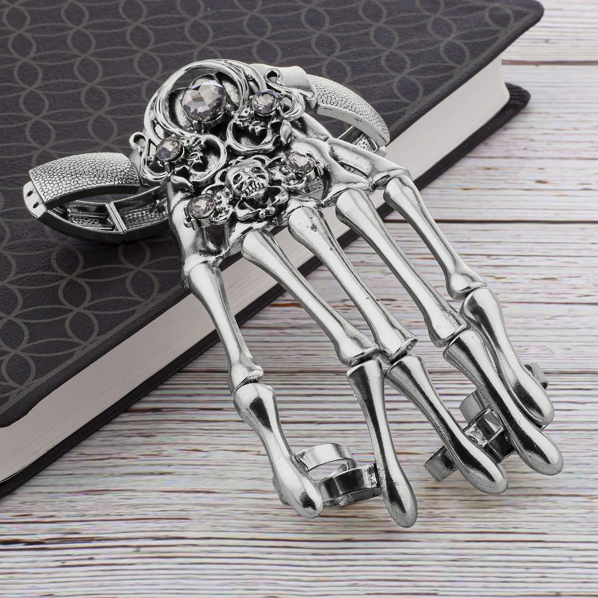 LUX ACCESSORIES Silver-tone Hem Gothic Skull Tools Full Hand Skeleton Bracelet Rings