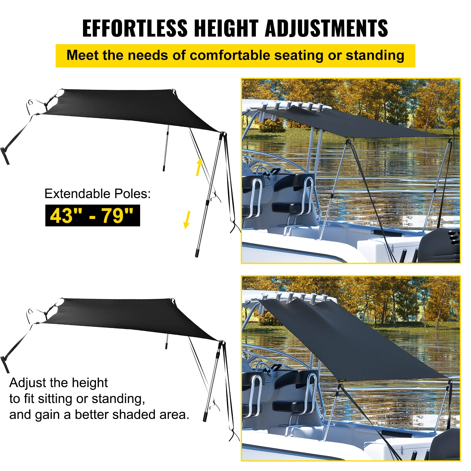 VEVOR T-Top Sun Shade Kit 6' x 7', UV-Proof 600D Polyester T-top Extension Kit with Rustproof Steel Telescopic Poles, Waterproof, Easy to Assemble for T-Tops ＆ Bimini Top