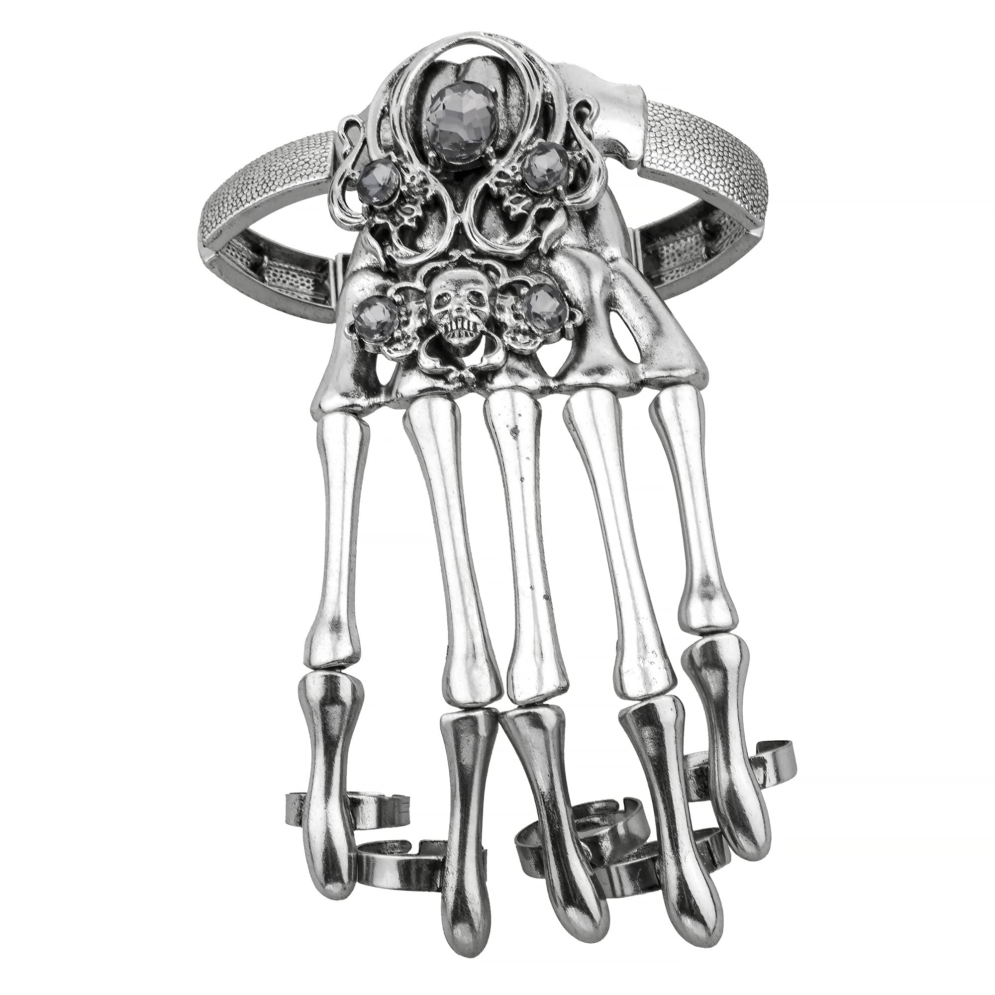 LUX ACCESSORIES Silver-tone Hem Gothic Skull Tools Full Hand Skeleton Bracelet Rings