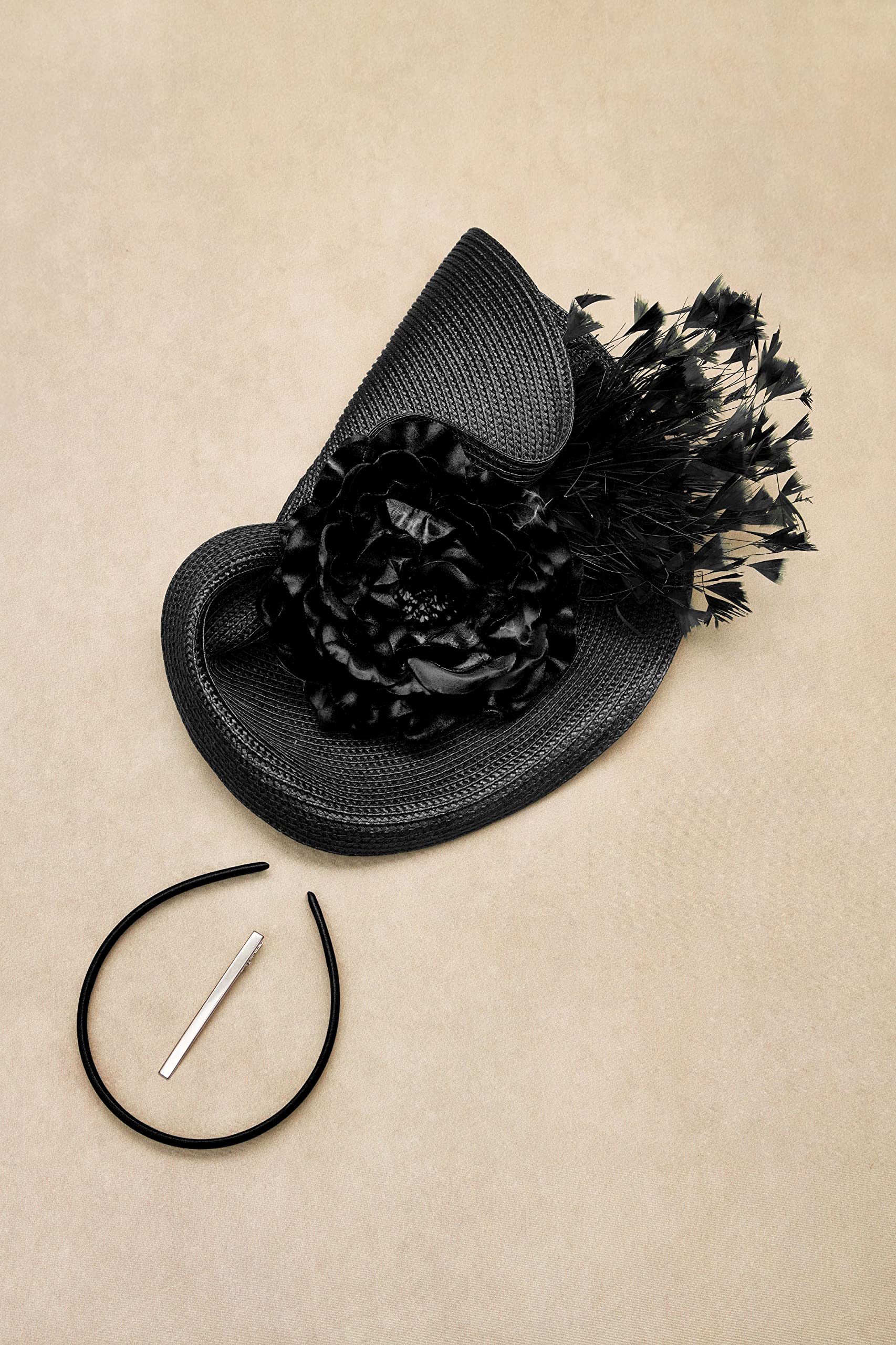 BABEYOND Tea Party Fascinator Hat for Women Kentucky Headwear Feather Derby Pillbox Wide Church Hat for Cocktail Wedding Black