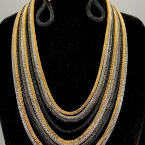 MMonesu Long Statement Necklace Waterfall Multi Strand Statement Bib Necklace Alloy Multi Layer Choker 10 Layers Chunky Collar Jewelry，Long Chains，Dress Prom Party (Gold-Black-Silver)