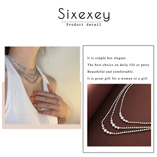 Sixexey Layered Rhinestone Necklaces Silver Crystal Necklace Chains Sparkly Party Necklace Jewelry for Women (3-layer)