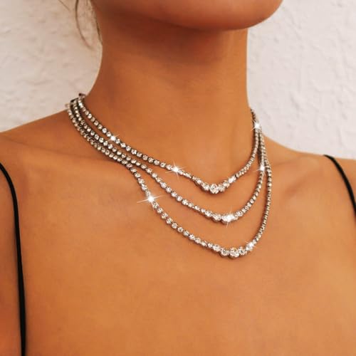 Sixexey Layered Rhinestone Necklaces Silver Crystal Necklace Chains Sparkly Party Necklace Jewelry for Women (3-layer)