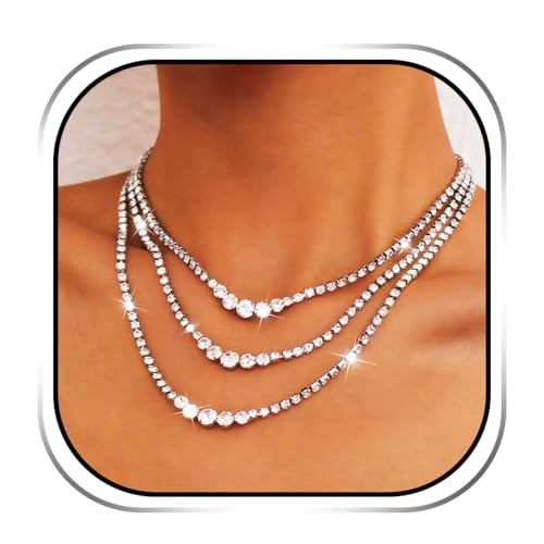 Sixexey Layered Rhinestone Necklaces Silver Crystal Necklace Chains Sparkly Party Necklace Jewelry for Women (3-layer)