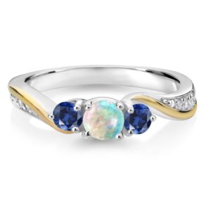 925 Silver and 10K Yellow Gold White Simulated Opal Blue Created Sapphire and White Lab Grown Diamond 3 Stone Engagement Ring For Women (0.56 Cttw, October Birthstone, Available In Size 5, 6, 7, 8, 9)