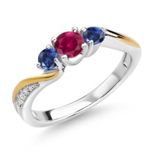 925 silver and 10k yellow gold red created ruby blue created sapphire and white lab grown diamond 3 stone engagement ring for women (0.56 cttw, july birthstone, available in size 5, 6, 7, 8, 9)