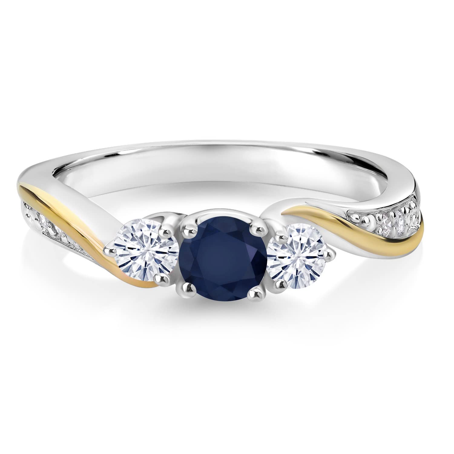 925 Silver and 10K Yellow Gold Blue Sapphire Moissanite from Charles & Colvard and Lab Grown Diamond 3 Stone Engagement Ring For Women (0.58 Cttw, September Birthstone, Size 7)