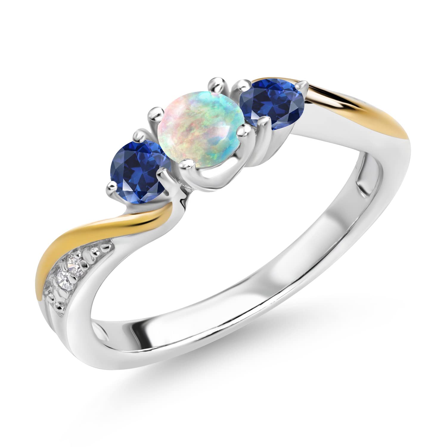 925 Silver and 10K Yellow Gold White Simulated Opal Blue Created Sapphire and White Lab Grown Diamond 3 Stone Engagement Ring For Women (0.56 Cttw, October Birthstone, Available In Size 5, 6, 7, 8, 9)