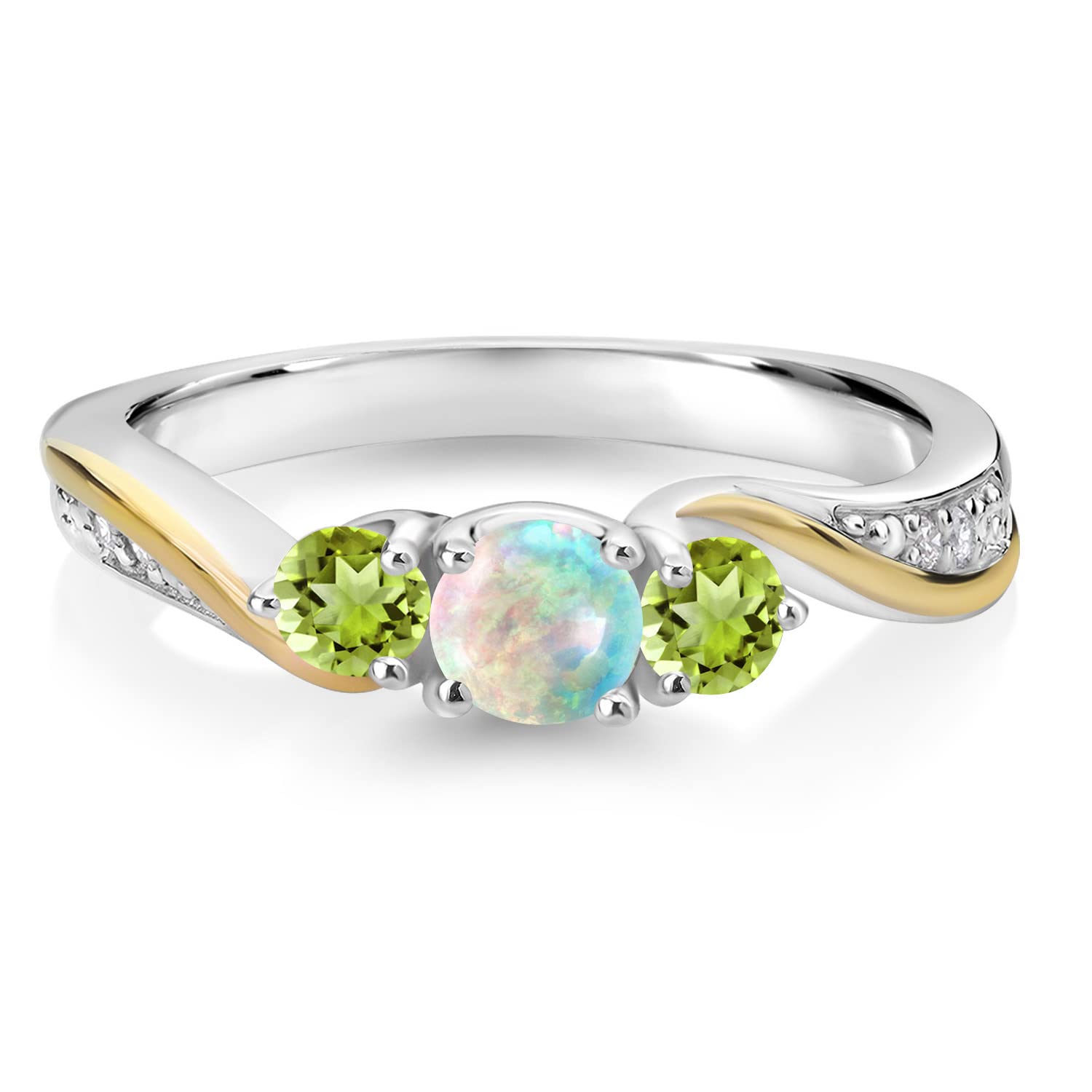 925 Silver and 10K Yellow Gold White Simulated Opal Green Peridot and White Lab Grown Diamond 3 Stone Engagement Ring For Women (0.52 Cttw, October Birthstone, Available In Size 5, 6, 7, 8, 9)