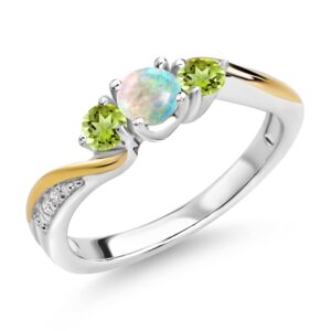 925 Silver and 10K Yellow Gold White Simulated Opal Green Peridot and White Lab Grown Diamond 3 Stone Engagement Ring For Women (0.52 Cttw, October Birthstone, Available In Size 5, 6, 7, 8, 9)