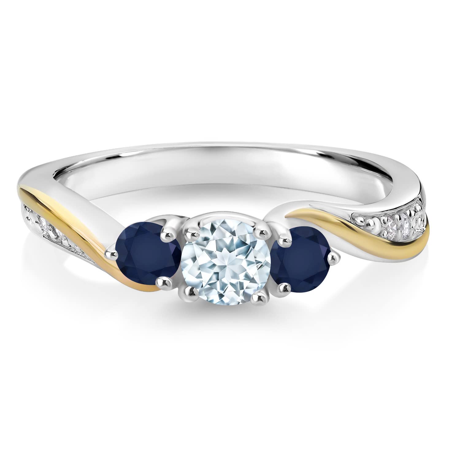 925 Silver and 10K Yellow Gold Sky Blue Aquamarine Blue Sapphire and White Lab Grown Diamond 3 Stone Engagement Ring For Women (0.58 Cttw, March Birthstone, Available In Size 5, 6, 7, 8, 9)