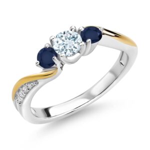 925 Silver and 10K Yellow Gold Sky Blue Aquamarine Blue Sapphire and White Lab Grown Diamond 3 Stone Engagement Ring For Women (0.58 Cttw, March Birthstone, Available In Size 5, 6, 7, 8, 9)