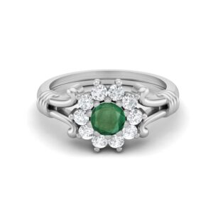 MOONEYE 14K White Gold Plated 925 Sterling Silver 4.5MM Round Shape Emerald Gemstone Cluster Engagement Ring (Silver, 5)