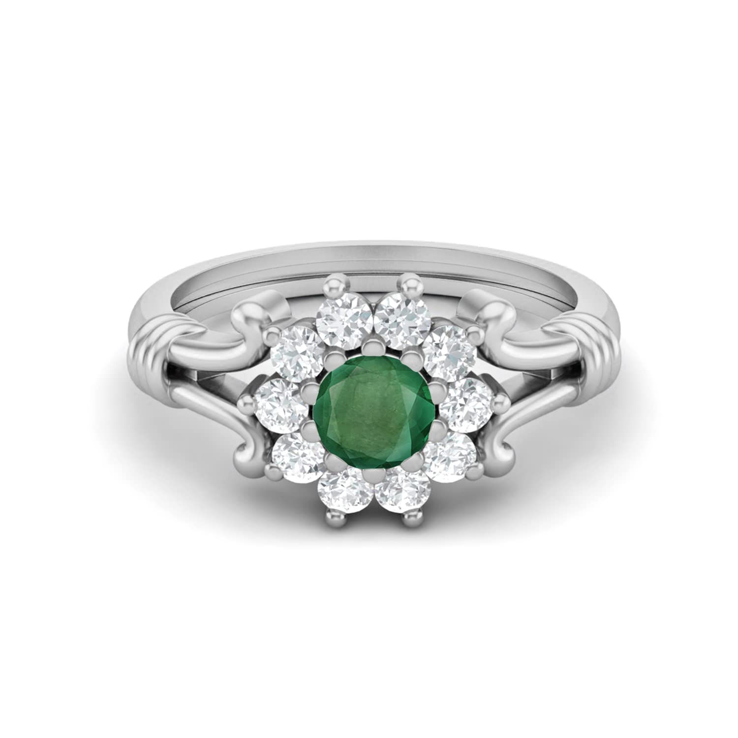 MOONEYE 14K White Gold Plated 925 Sterling Silver 4.5MM Round Shape Emerald Gemstone Cluster Engagement Ring (Silver, 5)