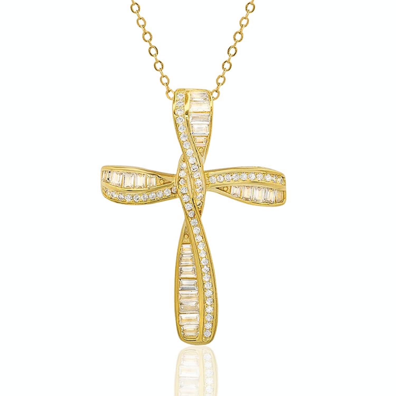 925 Sterling Silver Necklace for Women, Fancy Baguette Cubic Zirconia Twist Cross Pendant, 14k Yellow Gold Plated, Sterling Silver Yellow Gold, Cubic Zirconia