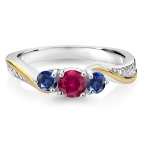 925 Silver and 10K Yellow Gold Red Created Ruby Blue Created Sapphire and White Lab Grown Diamond 3 Stone Engagement Ring For Women (0.56 Cttw, July Birthstone, Available In Size 5, 6, 7, 8, 9)