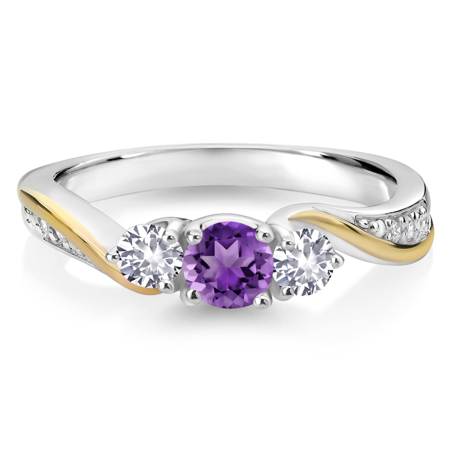 925 Silver and 10K Yellow Gold Purple Amethyst White Created Sapphire and White Lab Grown Diamond 3 Stone Engagement Ring For Women (0.54 Cttw, February Birthstone, Available In Size 5, 6, 7, 8, 9)