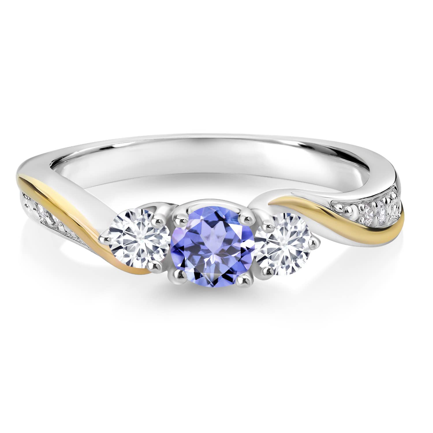 925 Sterling Silver and 10K Yellow Gold Blue Tanzanite and White Lab Grown Diamond 3 Stone Engagement Ring For Women (0.53 Cttw, Gemstone December Birthstone, Available In Size 5, 6, 7, 8, 9)