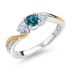 925 Silver and 10K Yellow Gold London Blue Topaz Moissanite from Charles & Colvard and Lab Grown Diamond 3 Stone Engagement Ring For Women (0.56 Cttw, November Birthstone, Size 9)