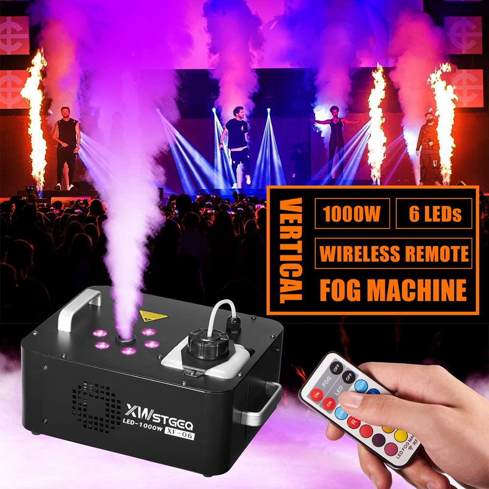 Vertical Fog Machine 1000W with 6 LED Lights and Wireless Remote Control for Stage Halloween Wedding DJ Parties