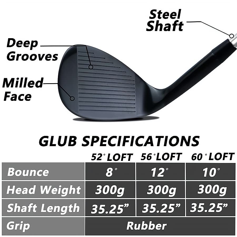 POSSOT 3 PCS Wedge Set or Individual Golf Wedges, Available in56° Sand Wedge for Man and Woman Right Hand with Rubber Grip, Black.