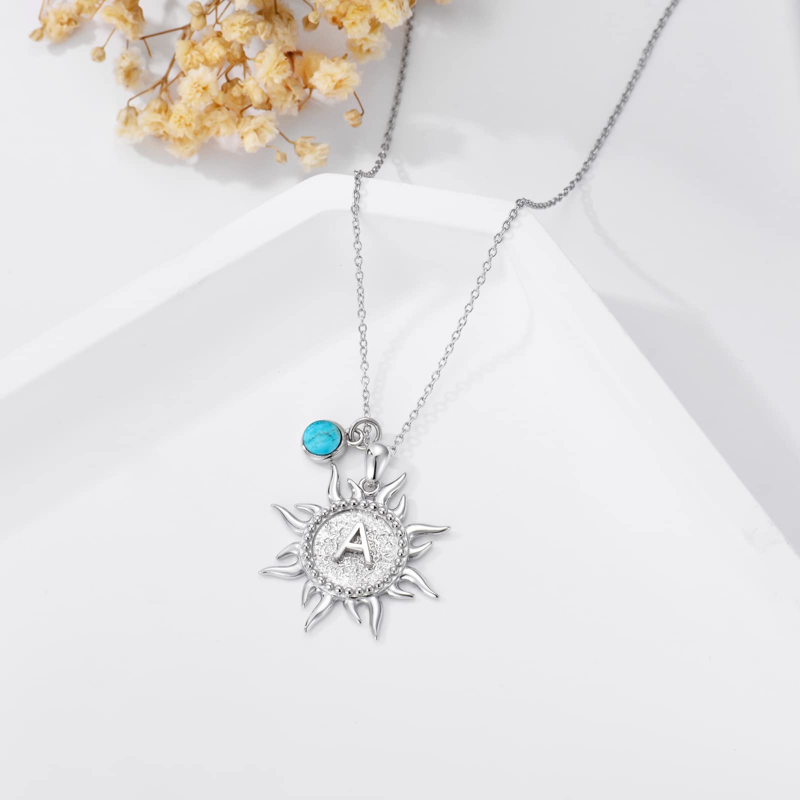 BETHZA Sun Initial Necklace 925 Sterling Silver Natural Turquoise A to Z Letters Sun Pendant 26 Alphabet Jewelry for Women Girlfriend Wife Mom-A