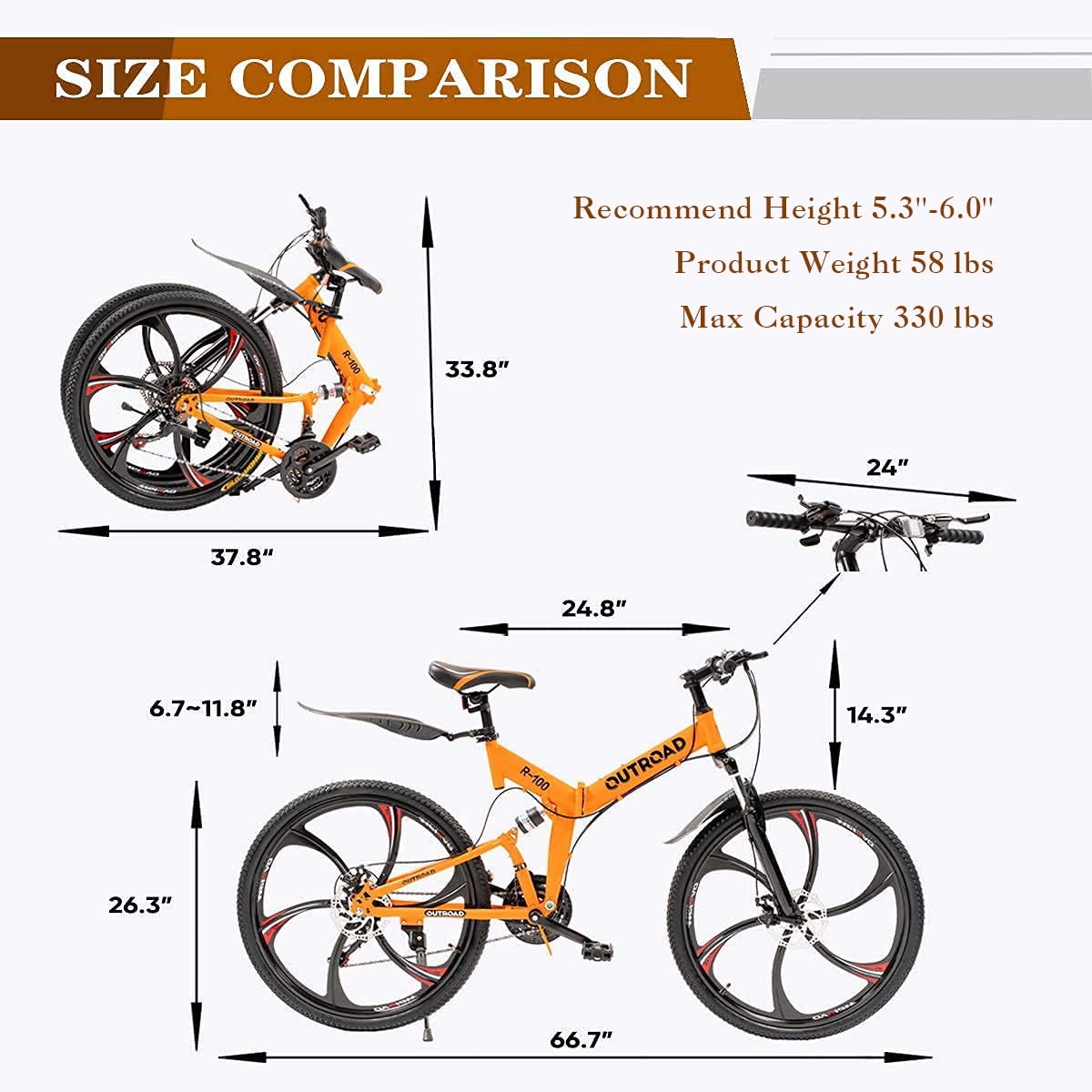 Max4out 26 Inch Folding Mountain Bike, 21 Speed Full Suspension Bicycle with High-Carbon Steel, Dual Disc Brake Non-Slip Quick Release tire Folding MTB for Adults/Men/Women, Black Type D