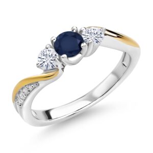 925 Silver and 10K Yellow Gold Blue Sapphire Moissanite from Charles & Colvard and Lab Grown Diamond 3 Stone Engagement Ring For Women (0.58 Cttw, September Birthstone, Size 7)