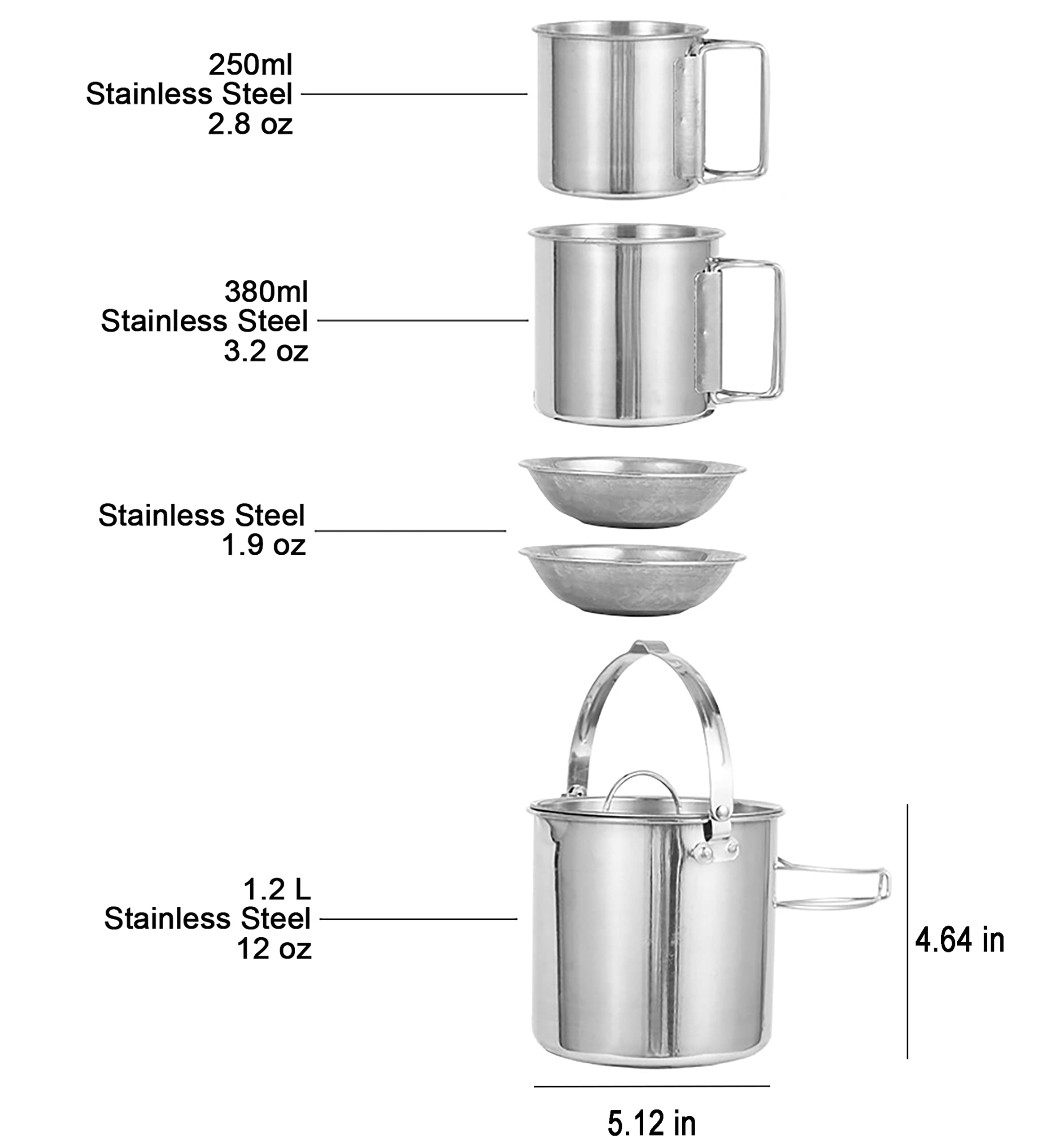 DZRZVD Camping Coffee Kettle and Mugs Set - Stainless Steel Pot with Collapsible Handle and Lid - Boiling Water with Open Fire for Hiking Backpacking Picnic Outdoor - 1.2 L