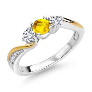 925 Sterling Silver and 10K Yellow Gold Yellow Sapphire and White Lab Grown Diamond 3 Stone Engagement Ring For Women (0.59 Cttw, Gemstone September Birthstone, Available In Size 5, 6, 7, 8, 9)