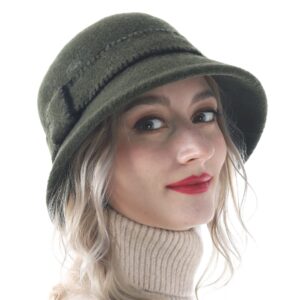 women elegant winter wool bucket hat 1920s vintage cloche bowler hats (green)