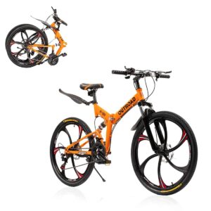 max4out 26 inch folding mountain bike, 21 speed full suspension bicycle with high-carbon steel, dual disc brake non-slip quick release tire folding mtb for adults/men/women, black type d