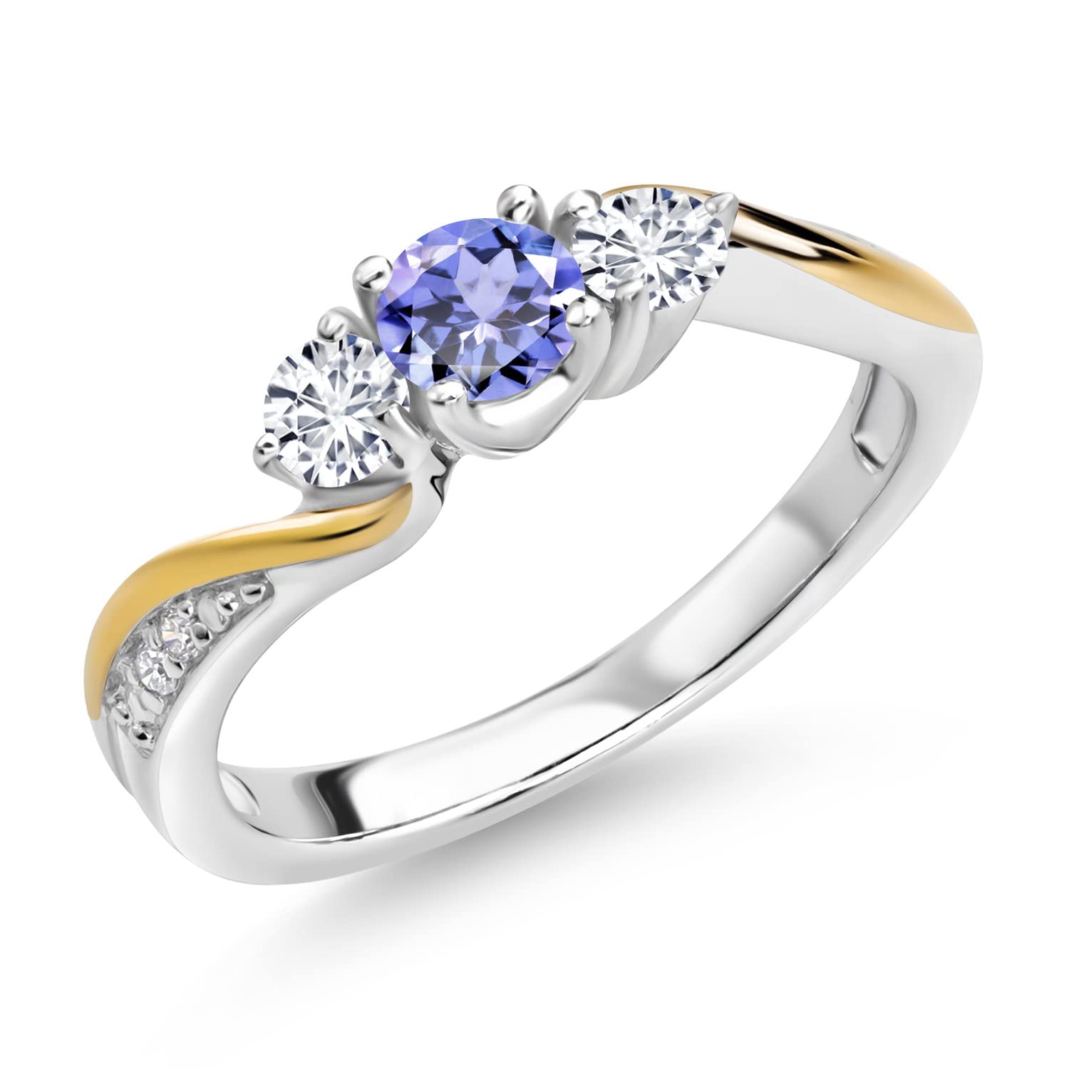 925 Sterling Silver and 10K Yellow Gold Blue Tanzanite and White Lab Grown Diamond 3 Stone Engagement Ring For Women (0.53 Cttw, Gemstone December Birthstone, Available In Size 5, 6, 7, 8, 9)