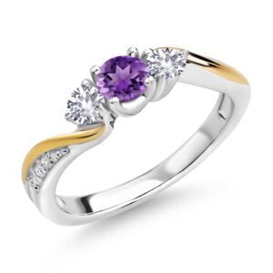 925 silver and 10k yellow gold purple amethyst white created sapphire and white lab grown diamond 3 stone engagement ring for women (0.54 cttw, february birthstone, available in size 5, 6, 7, 8, 9)